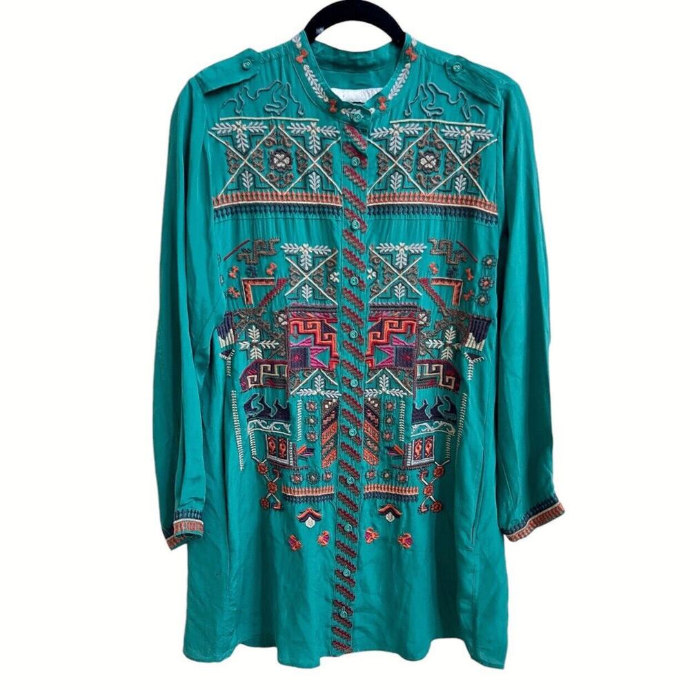Johnny Was NWT Roman Embroidered Button Up Shirt Silk Tunic Sz S Long Slv Teal